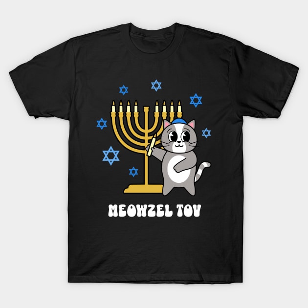 Meowzel Tov Funny Hanukkah Cat with Menorah T-Shirt by PUFFYP